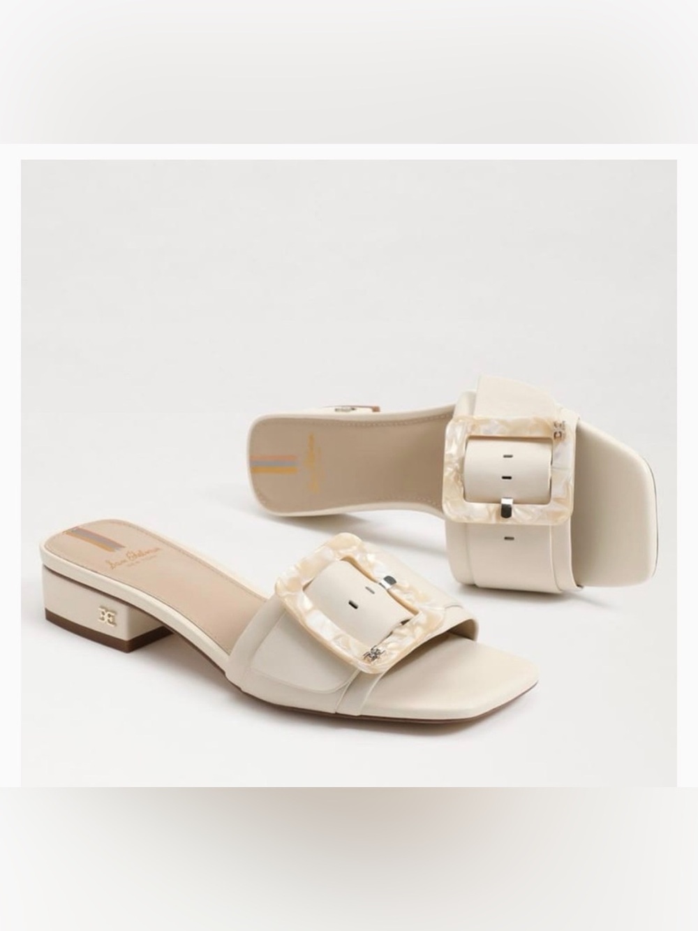 Sam Edelman Womens 10.5 Ivory Leather Buckle Slide Sandals Block Heel Mules